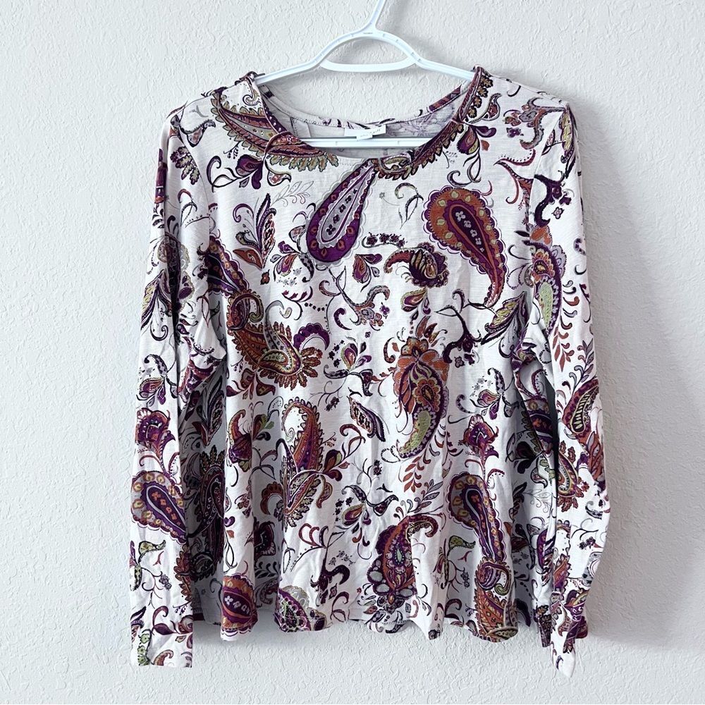 J Jill Top Womens Paisley Long Sleeve Casual Cotton Blend Size L Petite